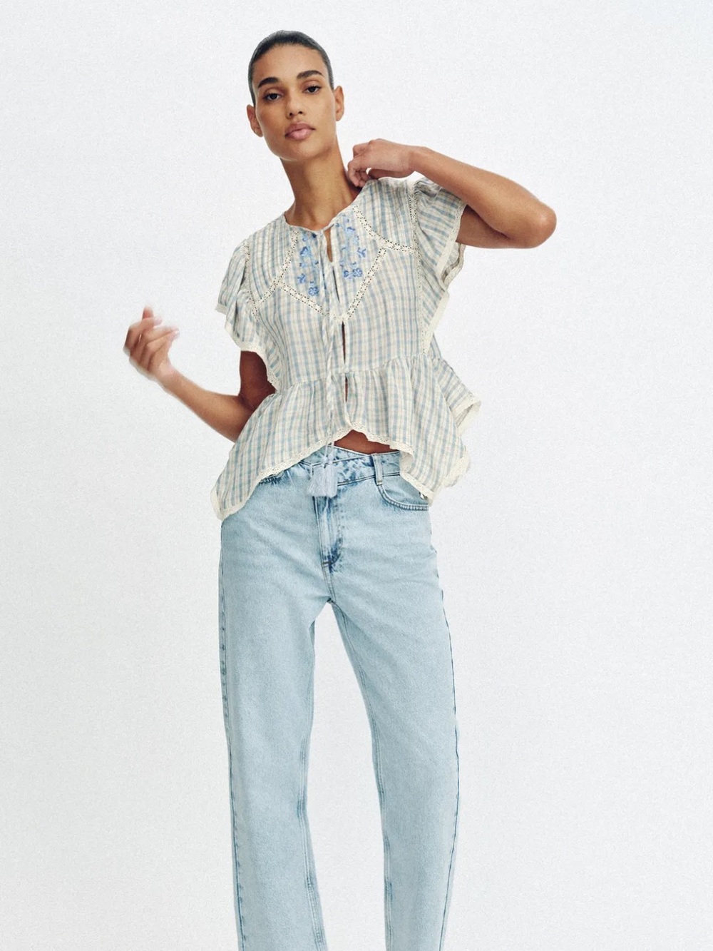 Zara Striped Peplum Button-Up Top with Blue Floral Detail